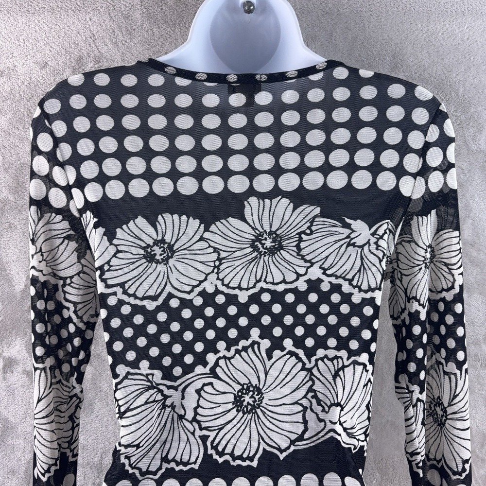 CACHE Mesh Blouse Womens Size Small Black White Polka Dot Sequin Floral Y2K - Picture 5 of 8
